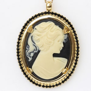 BLACK CAMEO NECKLACE, Statement Black Gold Cameo Necklace,  Necklace,Unique Vintage Necklace, Lacey Cameo Necklace,Feminine Jewelry