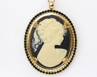 BLACK CAMEO NECKLACE, Statement Black Gold Cameo Necklace,  Necklace,Unique Vintage Necklace, Lacey Cameo Necklace,Feminine Jewelry