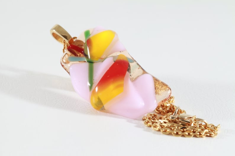 Handmade Glass Pendant Fused Glass Jewelry Multicolor Fused Glass Necklace for Her Fused Glass Necklace Pink Yellow Red Glass Necklace