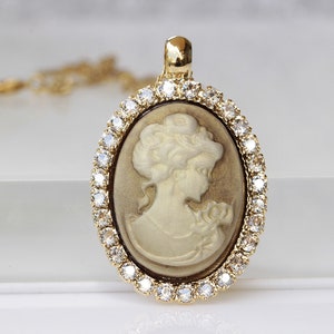 GOLD CAMEO NECKLACE, Bronze Cameo Pendant, Champagne Necklace,  Romantic Necklace, Antique Cameo Jewelry,Anniversary Gift for Her