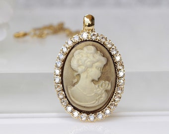 GOLD CAMEO NECKLACE, Bronze Cameo Pendant, Champagne Necklace,  Romantic Necklace, Antique Cameo Jewelry,Anniversary Gift for Her