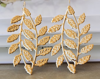 24K Gold Plated Leaf Drop Earrings, Bridal Statement Jewelry