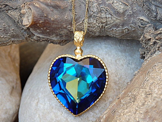 Blue Royal Heart Shaped Necklace Gold Heart Necklace Heart