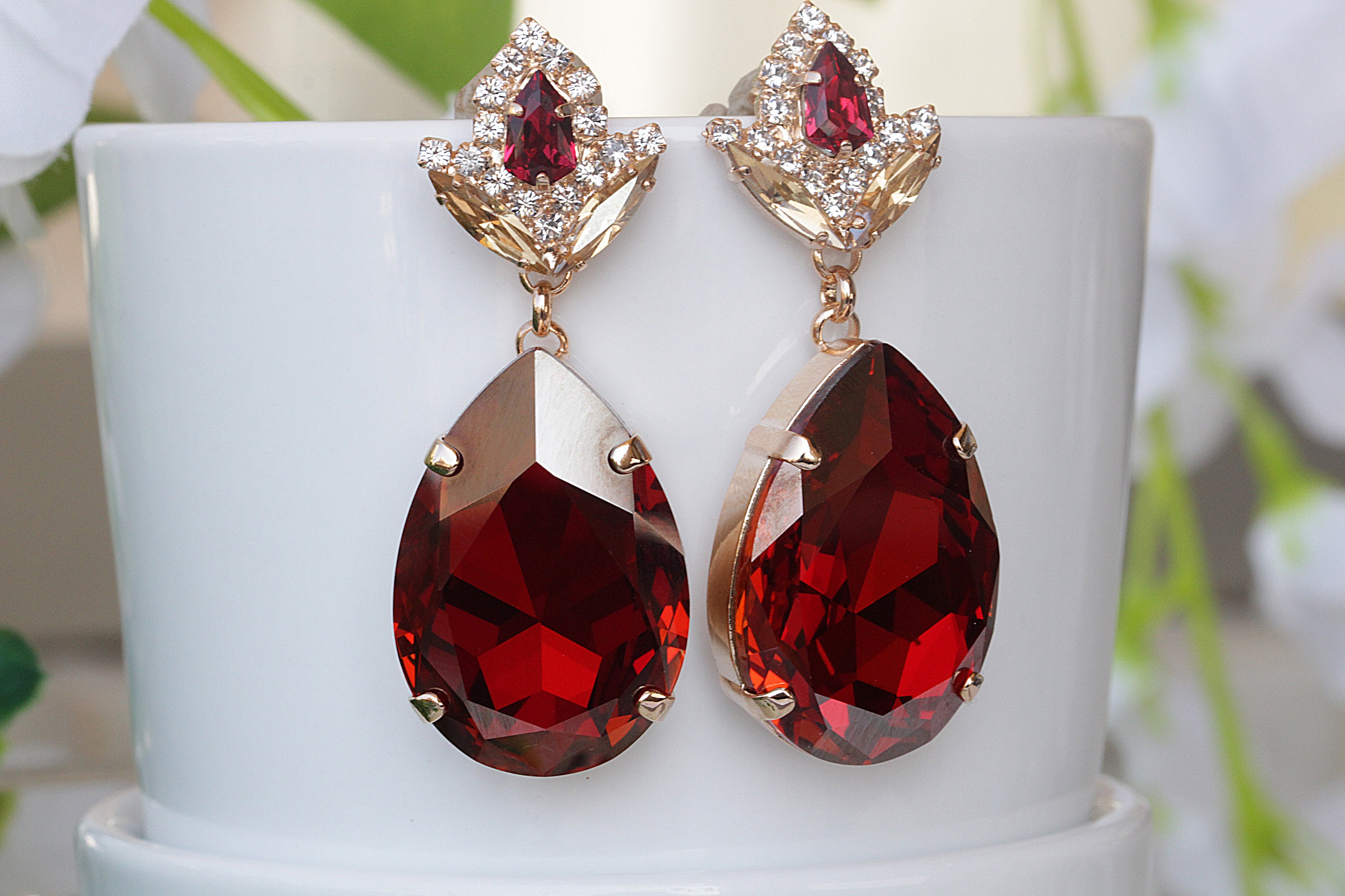 Red Crystal Earrings Ruby Red Earrings Red Gold Red Earring Red European Deep Red Drop Earring Red Wedding Red bridesmaids,Light Siam,GE108