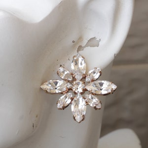 May include: A pair of gold tone earrings with a large, clear crystal flower design.