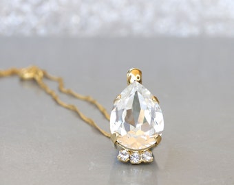 Bridal Teardrop Crystal Necklace, Clear Gold Jewelry Set, Simple Gift, Wedding Jewelry