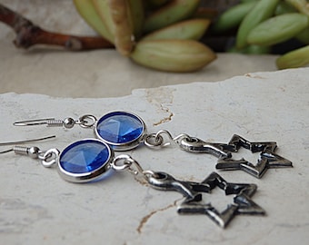 Star Of David Earrings: Blue Crystal, Silver Plated Magen David