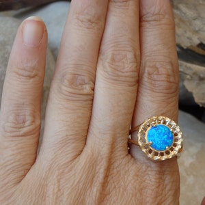 Solitaire opal ring. Turquoise opal ring, Blue opal ring, Fire opal ring, Round gemstone ring, October birthstone ring, Gold filled ring image 2