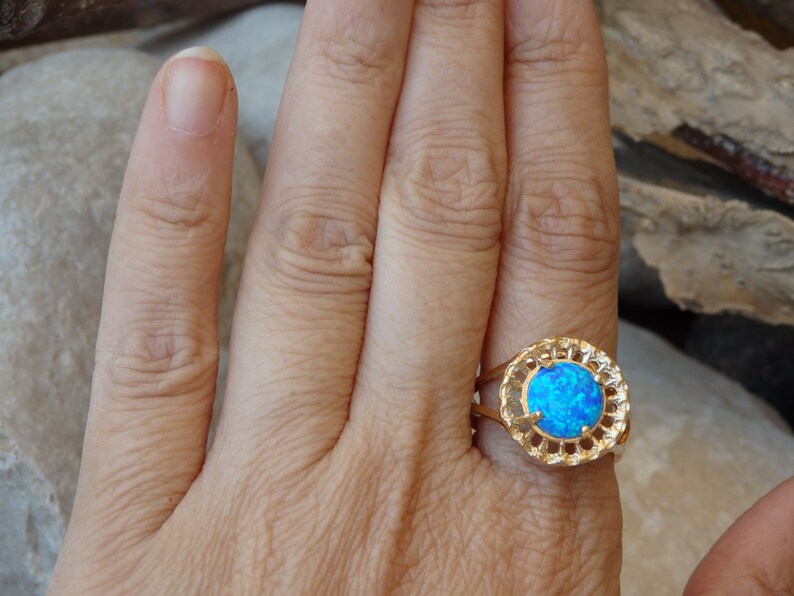 Solitaire opal ring. Turquoise opal ring, Blue opal ring, Fire opal ring, Round gemstone ring, October birthstone ring, Gold filled ring image 2