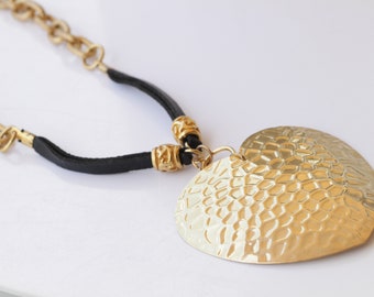 Leather Heart Necklace, Big Heart pendant, Boho leather necklace, Black Gold Necklace,  Large necklace, Long Ethnic Chunky Necklace Gift