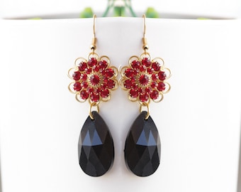 RED BLACK EARRINGS, Red Gold Black Teardrop Earrings, Red Flower Drop Earrings, Dangle Earrings, Gift for Her, Black Dress Unique Earrings