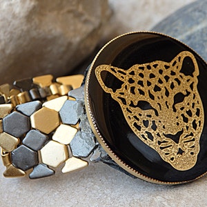 Tiger Bracelet, Leopard Bracelet, Gold Tiger Bracelet, Large Cat, Wild Cat Bangle, Enamel Jewelry, Animal Bracelet,Black Gold Tiger Bracelet