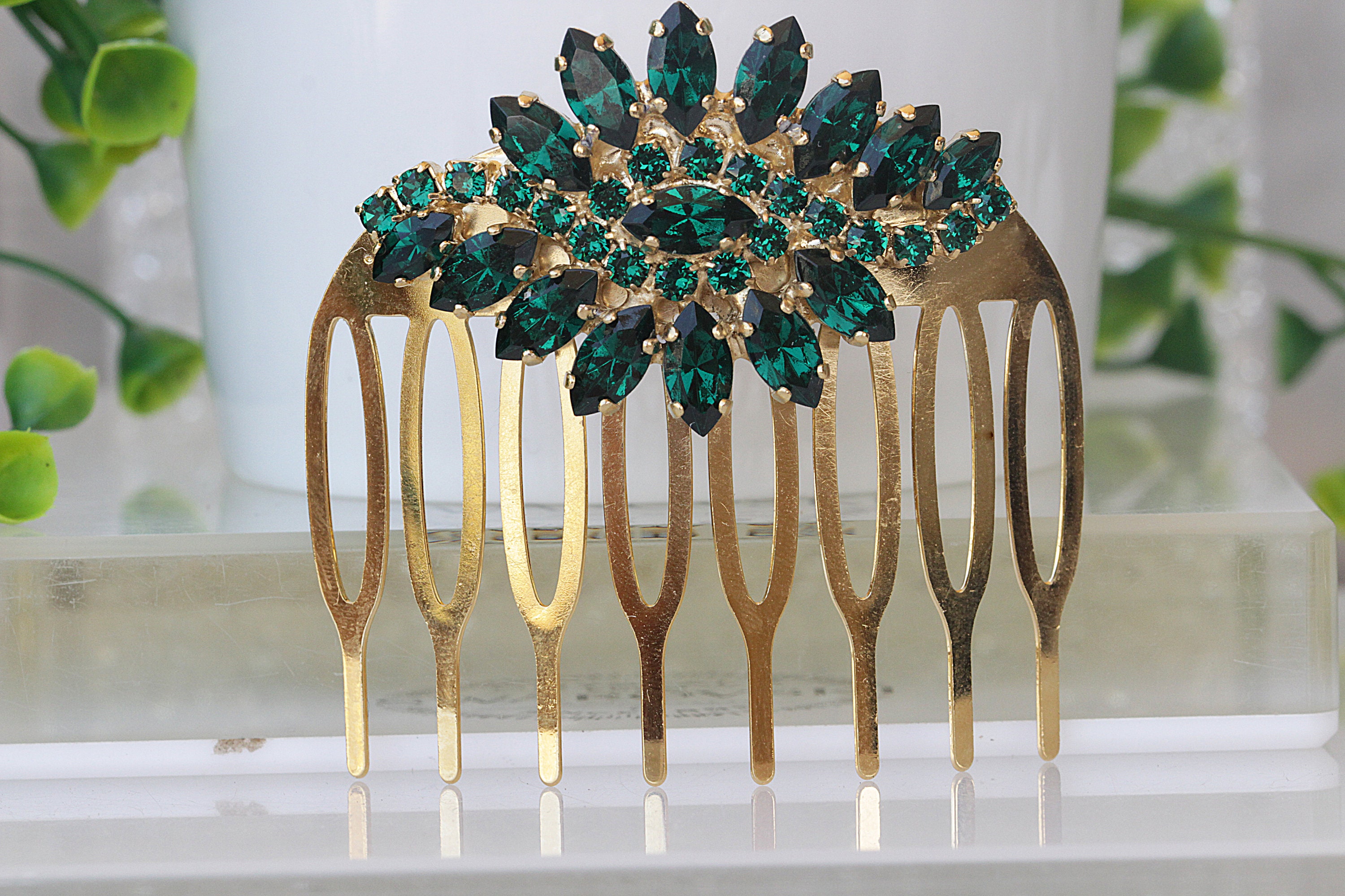 Emerald Green Crystal Bridal Hair Comb, Gold Leaves - Etsy display picture 1