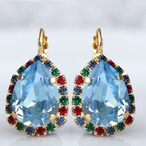 AQUAMARINE EARRINGS, Red Green Blue Earrings, Colorful Earrings, Birthday Gift, Multicolor Drop Earrings, Bridal Earrings,Gift For Christmas