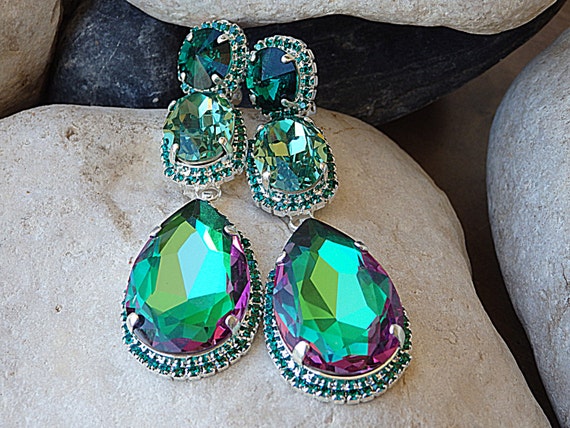 Long Chandelier Earrings Emerald Bridal Earrings Green Pink - Etsy