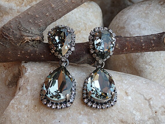 thumbnail image 2 of Handmade Long Dangle Teardrop Earrings - Black Crystal On Silver Plated Hooks 2 of 6