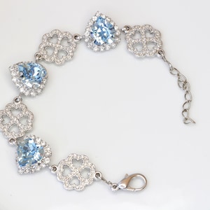 AQUAMARINE HEART BRACELET, Ice Light Blue Bracelet,  Crystal Bracelet, Heart Charm Bracelet, Love Bracelet,Blue Topaz Bridal Bangle