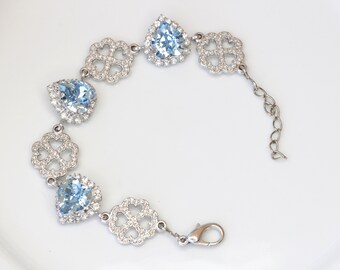 Aquamarine Heart Crystal Bracelet, Silver Tone Bridal Bangle