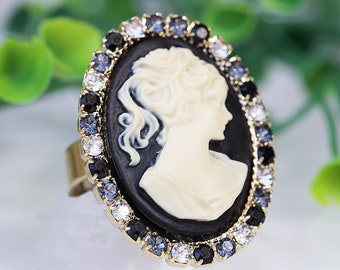 Vintage Style Black Cameo Ring, Crystal Cocktail Ring