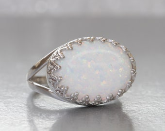 Sterling Silver White Opal Ring, October Birthstone