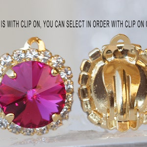 FUCHSIA STUD EARRINGS, Hot Pink Earrings ,Halo earring, Bridesmaid posts,  Crystal  Clip On Earrings,  Non Pierced Bridal Earrings