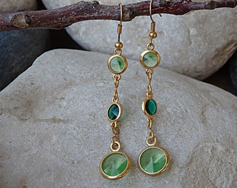Gold Green Dangle Earrings, Peridot crystals Earrings, Drop & Dangle Green Crystal Earrings, Long Gold Filled Earrings, Gemstone Earrings