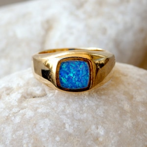 Opal Gold Signet Ring, Fire Opal Signet Ring, Blue Signet Ring, Square Opal Ring, Square Goldfilled Ring, Men Women Unisex Gold Signet Ring image 1