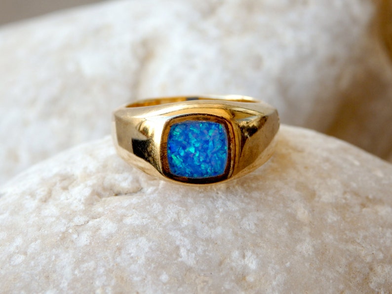 Opal Gold Signet Ring, Fire Opal Signet Ring, Blue Signet Ring, Square Opal Ring, Square Goldfilled Ring, Men Women Unisex Gold Signet Ring image 1