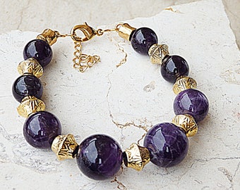 Amethyst Bracelet: Gold Plated Big Bead Gemstone Bracelet