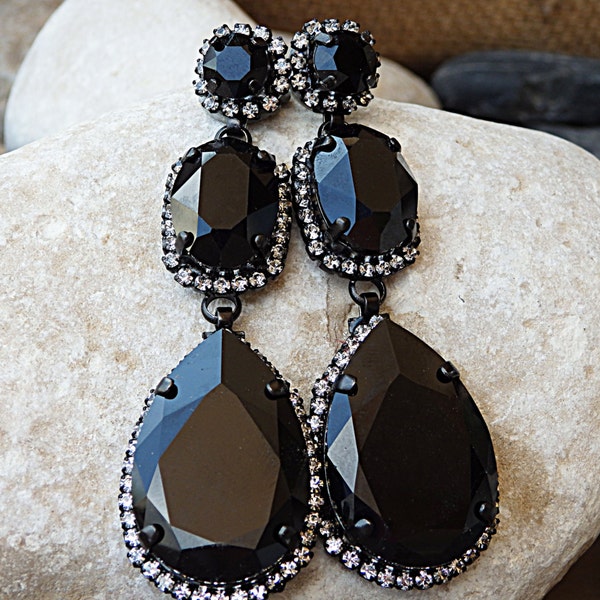 Black Chandelier earrings. Black  Earrings, Black statement earrings. Cocktail Black earrings Black evening earrings. Long teardrop
