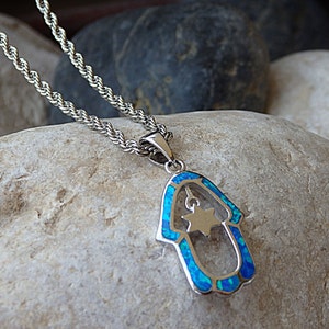 Blue Opal Hamsa Necklace, 925 Sterling Silver Opal Hamsa Necklace, Jewish Charm Star and Hamsa Pendant Necklace, Good Luck Charm Necklace