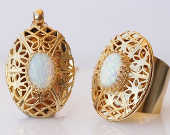 Opal Locket Necklace, Gold Filigree Keepsake, Rebeka Jewelry