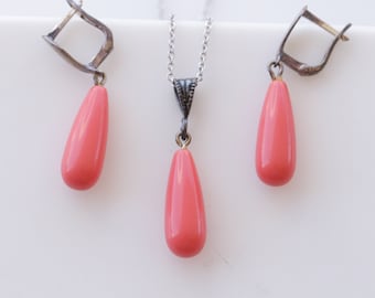 Red Coral Teardrop Pendant Necklace Earrings Set, Sterling Silver 925
