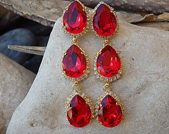 Ruby chandelier Earrings, Red Long Earrings. Statement evening earrings, Red jewelry. Red ruby dress earrings. Bridesmaid Triple earrings