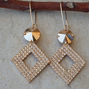 Wedding earrings. Rose gold bridal earrings. Square earrings. Pink gold earrings.  jewelry for bridesmaid gift.Dangle drop earrings