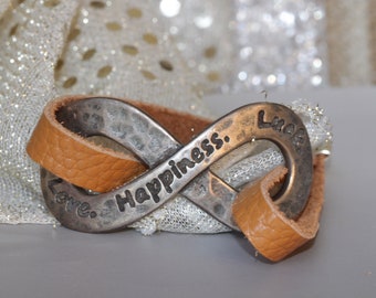 Engraved Infinity Leather Bracelet: Happiness, Love, Luck
