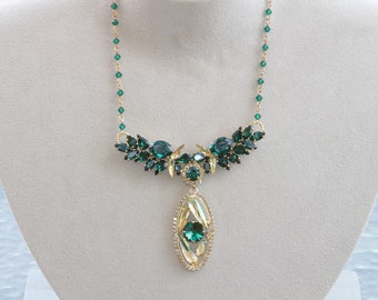 Emerald Crystal Statement Necklace, Dark Green, Evening Jewelry