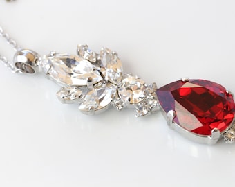 Red Crystal Ruby Necklace: Bridal Silver Pendant, Earring Jewelry Set