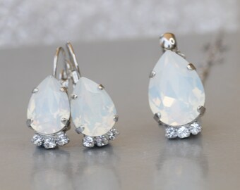 Set di gioielli a goccia con opale bianco, collana e orecchini da sposa, matrimonio minimalista
