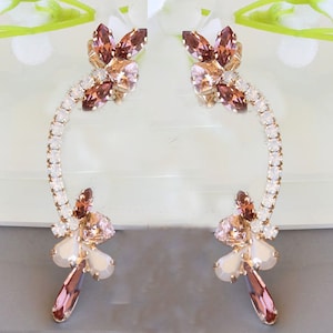ROTSKLIMMEN OORBELLEN, Blush Oorbellen, Oorkruipers, Bruids oorbellen, Kristal, Oorklimmer, Witte Opaal Oorbellen, Rose Gouden Oorbel