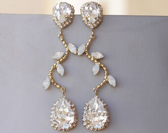Crystal Opal Bridal Earrings, Long Gold Leaf Earrings, Vintage Style
