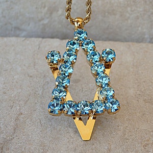 Art jewish necklace. Star of David gold necklace. Magen David charm.Israeli Jewish jewelry.Rhinestone Aquamarine blue  big necklace