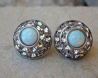 Pendientes de botón de ópalo blanco, joyería nupcial, joyería nupcial de cristal