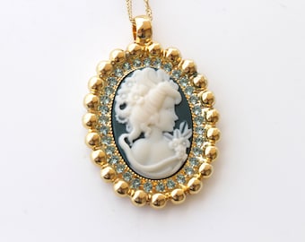 Blue Cameo Pendant Necklace, Victorian Style, Crystal Accent