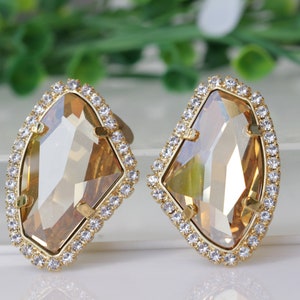 Champagne clip on earrings, Gold clip earrings, Asymmetric  earrings, Non pierced earrings, Bride earrings, Crystal clip earrings