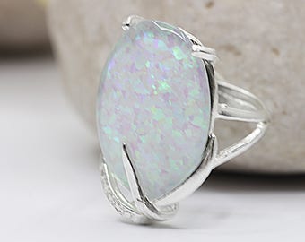 White Opal Sterling Silver 925 Ring, October Birthstone