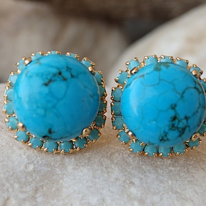 Turquoise Gold Stud earrings , Genuine Turquoise Jewelry, December birthstone. 24k Gold post Gemstones Earrings.Turquoise  earrings