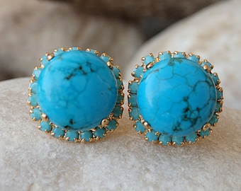 Turquoise Gold Stud earrings , Genuine Turquoise Jewelry, December birthstone. 24k Gold post Gemstones Earrings.Turquoise  earrings