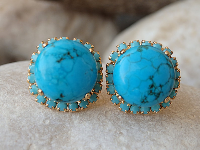 Turquoise Gold Stud Earrings Genuine Turquoise Jewelry Etsy