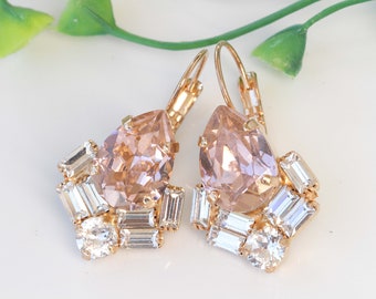 PENDIENTES BLUSH, Pendiente colgante rosa rubor, regalo para dama de honor, pendientes vintage, pendientes colgantes de cristales, pendientes nupciales, boda